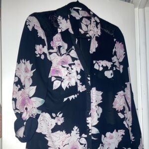 Black Floral Button-Front Women’s Blouse